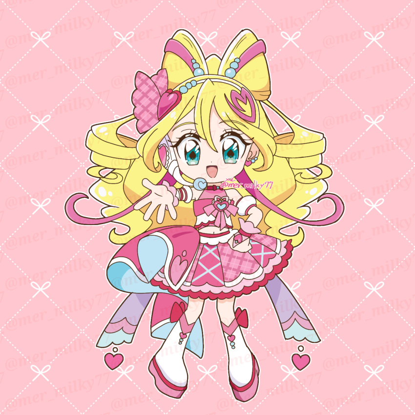 1girl, aqua_eyes, back_bow, bare_shoulders, beads, blonde_hair, boots, bow