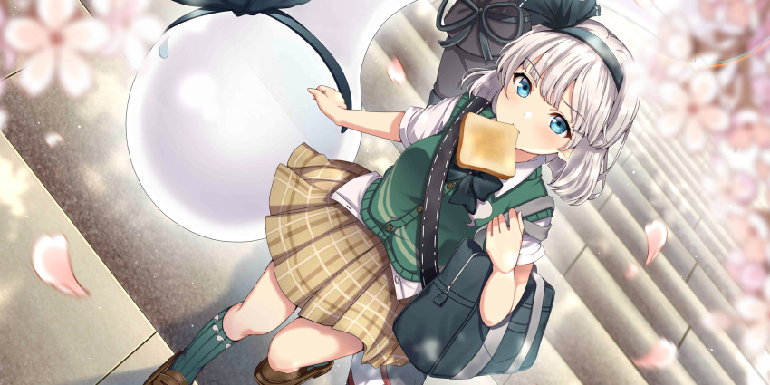 1girl, adapted_costume, alternate_costume, bag, blue_eyes, blurry, blush, bow