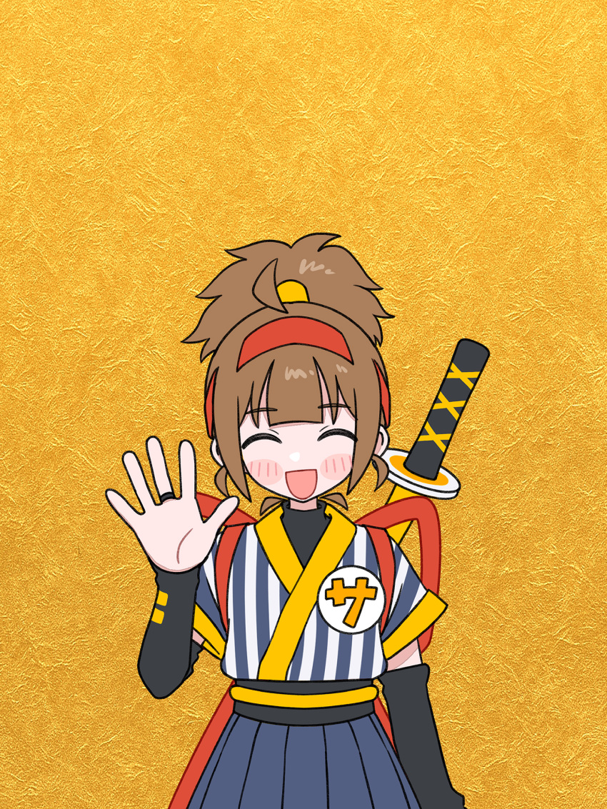 1girl, :d, ^_^, back_bow, badge, blue_skirt, blush_stickers, bow