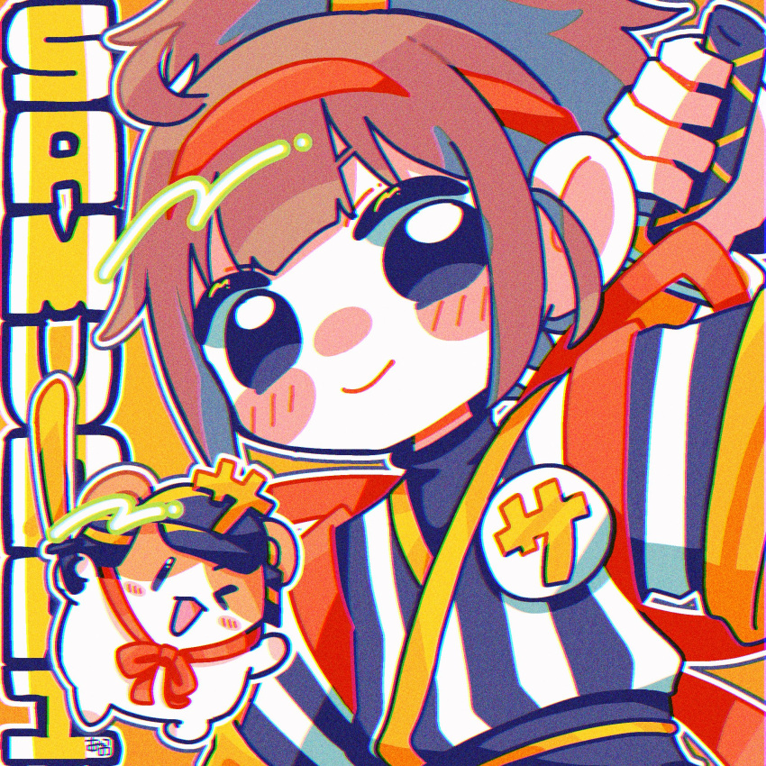 1girl, ahoge, akao_(akao_red08), black_eyes, blunt_bangs, blush, brown_hair, character_name
