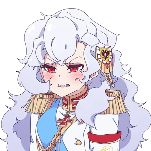 1girl, aiguillette, alpha_(alpha_1918), armband, biting_own_lip, blue_sash, blush, breasts