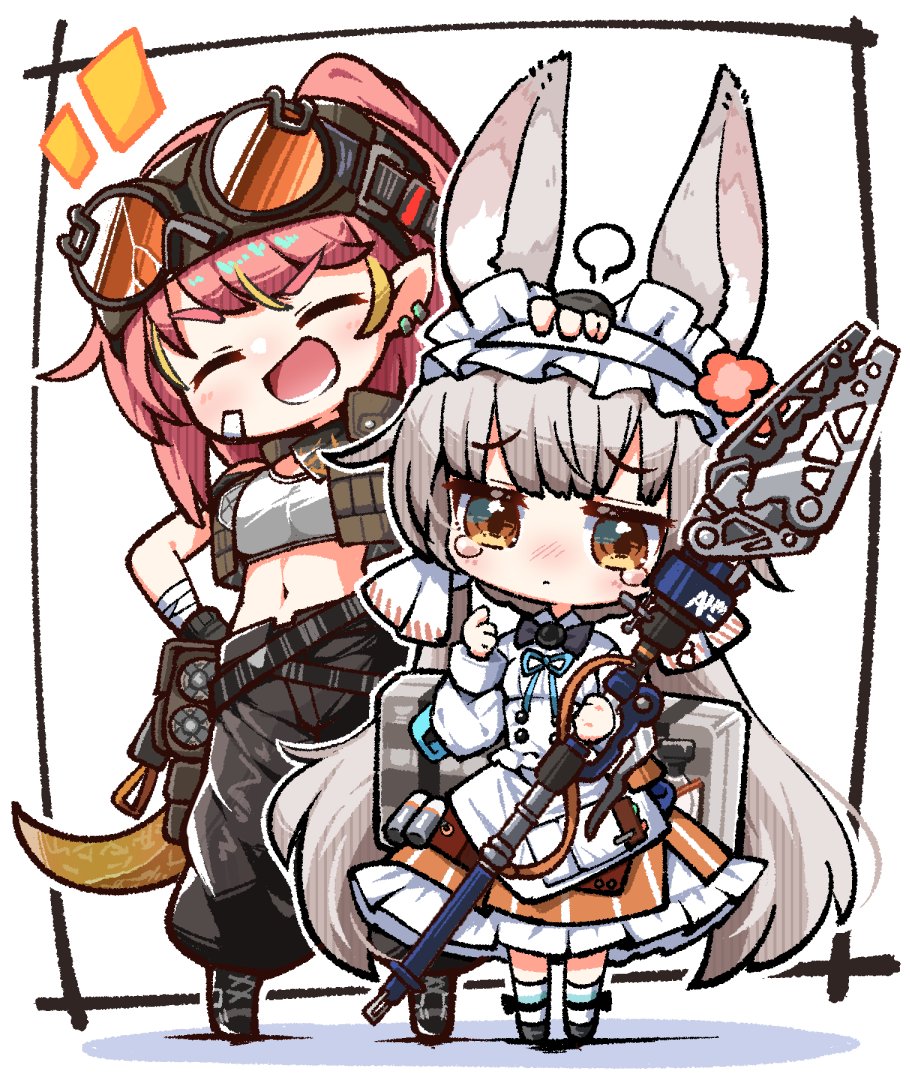 2girls, alanna_(arknights), animal_ears, arknights, bandaged_arm, bandages, bow, chibi, closed_eyes, commentary_request, crop_top, goggles, goggles_on_head, grey_hair, hand_on_another's_head, holding, kado_(hametunoasioto), long_hair, long_sleeves, midriff, multicolored_hair, multiple_girls, open_mouth, pants, pointy_ears, rabbit_ears, rabbit_girl, red_hair, simple_background, standing, streaked_hair, tears, very_long_hair, warmy_(arknights), white_background