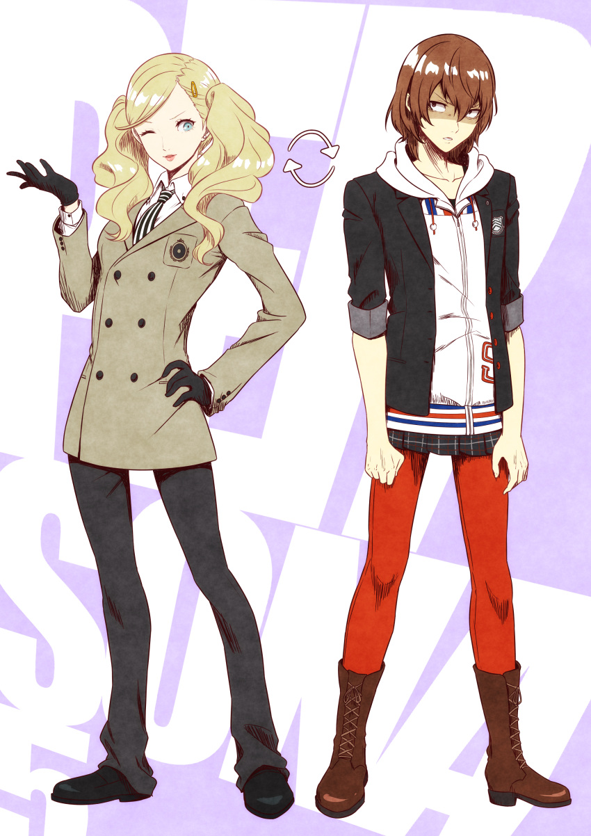 1boy, 1girl, absurdres, akechi_gorou, akechi_gorou_(cosplay), arrow_(symbol), black_pants, black_shoes