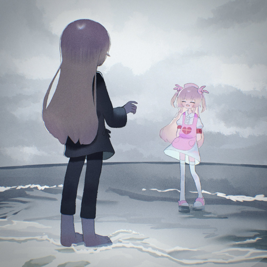 2girls, apron, beach, clouds, cloudy_sky, commentary_request, day, dual_persona