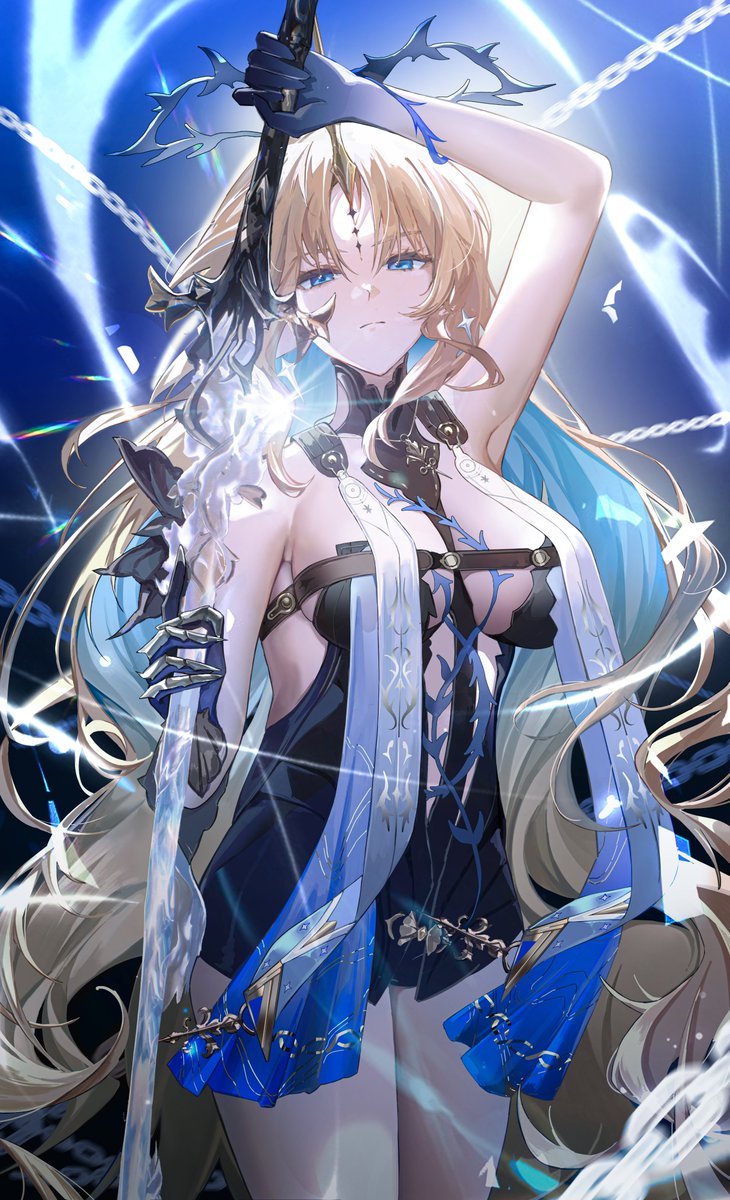 1girl, armor, bare_shoulders, blonde_hair, blue_eyes, breasts, chain, commentary