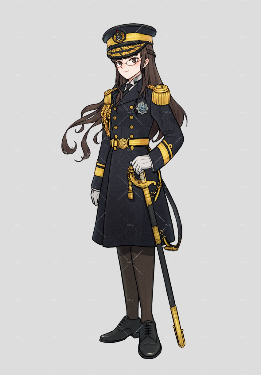 1girl, absurdres, black_coat, black_hat, black_necktie, black_shoes, brown_eyes, brown_hair, brown_pantyhose, coat, collared_shirt, epaulettes, full_body, glasses, gloves, grey_background, hat, highres, imperial_chinese_navy, long_hair, looking_at_viewer, mg_g, military_uniform, necktie, original, pantyhose, shirt, shoes, simple_background, solo, sword, weapon, white_gloves, white_shirt