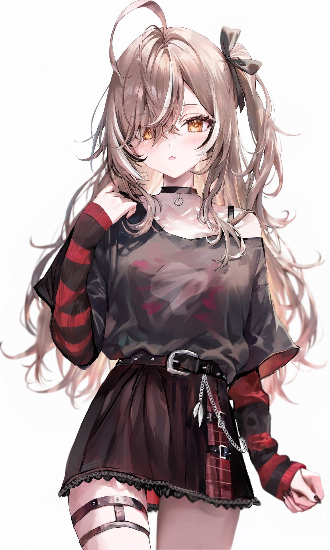 1girl, aqwaau, belt, belt_chain, black_belt, black_shirt, black_skirt, black_sweater