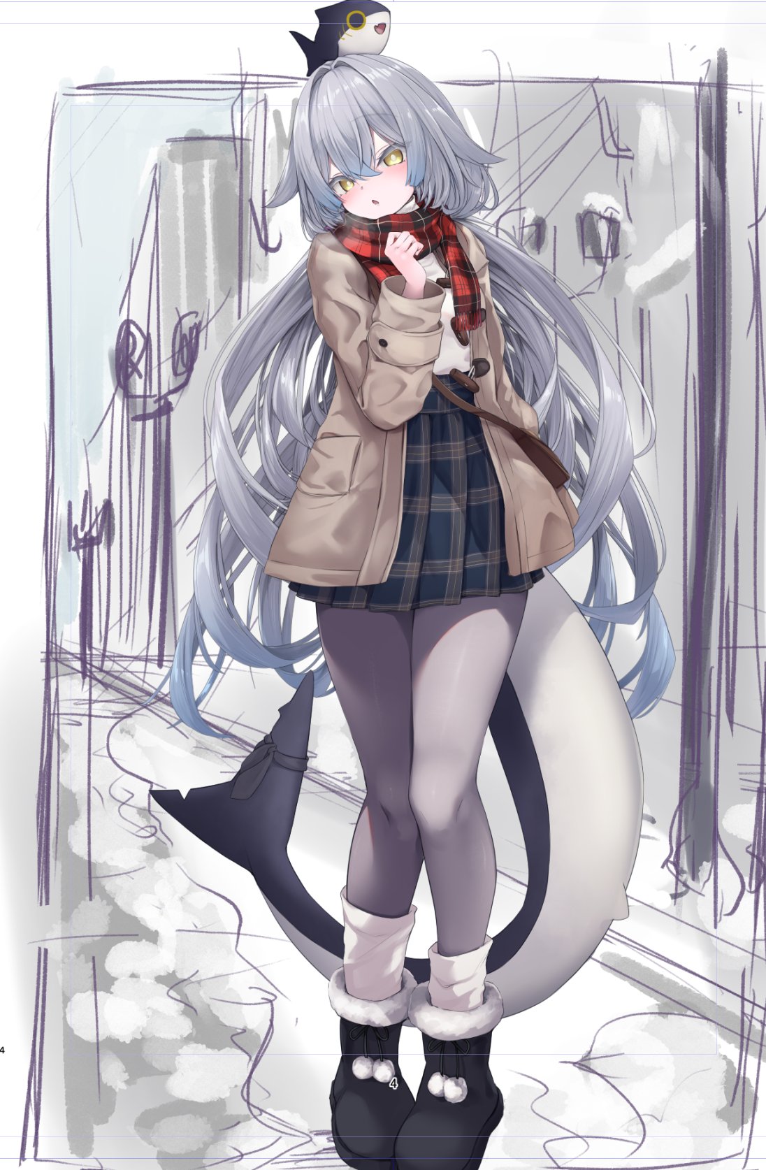 1girl, :o, alternate_costume, animal_on_head, bag, black_shoes, black_skirt, bloop_(gawr_gura), blue_hair, blue_skirt, blush, boots, breath, brown_coat, brown_jacket, casual, cetacean_tail, checkered_clothes, coat, colored_tips, crossed_bangs, dorsal_fin, fins, fish_tail, full_body, fur-trimmed_boots, fur-trimmed_coat, fur_boots, fur_trim, gradient_hair, grey_hair, grey_pantyhose, grey_skirt, hair_between_eyes, hair_ornament, hand_up, handbag, head_tilt, high-waist_skirt, highres, jacket, leg_warmers, long_hair, long_sleeves, looking_at_viewer, loose_socks, low_twintails, miniskirt, multicolored_hair, on_head, open_clothes, open_coat, open_jacket, open_mouth, outdoors, pantyhose, parted_lips, plaid_clothes, plaid_scarf, plaid_skirt, pleated_skirt, pom_pom_(clothes), pom_pom_hair_ornament, red_scarf, rurune_(vrchat), scarf, shark_girl, shark_tail, shirt, shoes, sketch, skirt, snow, socks, solo, standing, tail, twintails, very_long_hair, vrchat, white_pantyhose, white_shirt, white_socks, winter, winter_clothes, yellow_eyes, yuki_kawachi