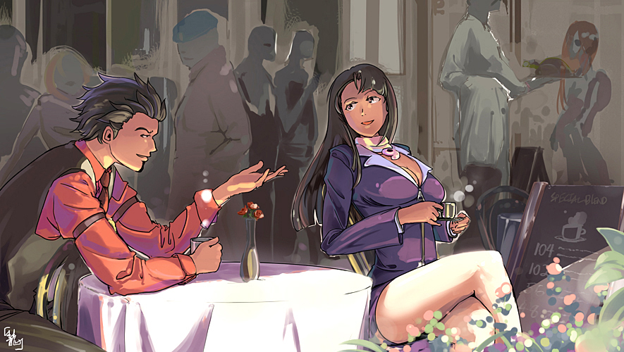 black_hair, breasts, chicken, chuc, cleavage, coffee, couple, formal, godot, gyakuten_saiban, jewelry, kaminogi_souryuu, large_breasts, necklace, spoiler, spoilers, suit