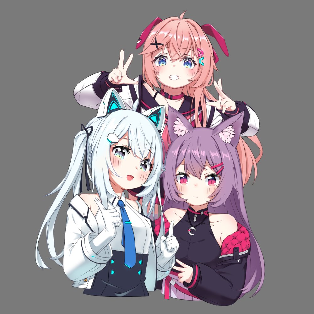 3girls, :d, ahoge, animal_ear_fluff, animal_ear_headphones, animal_ears, bare_shoulders, belt