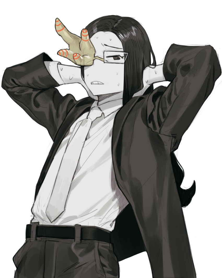 1girl, absurdres, arms_up, belt, black_eyes, black_hair, black_jacket, black_pants