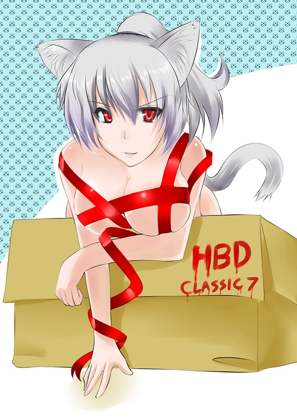 animal_ears, box, breasts, cardboard_box, cat_ears, cat_tail, catstudio_(artist), girl_in_a_box, in_box, in_container, large_breasts, naked_ribbon, original, ponytail, red_eyes, ribbon, silver_hair, solo, tail, yuke_(miku_plus), yuki_(miku_plus)