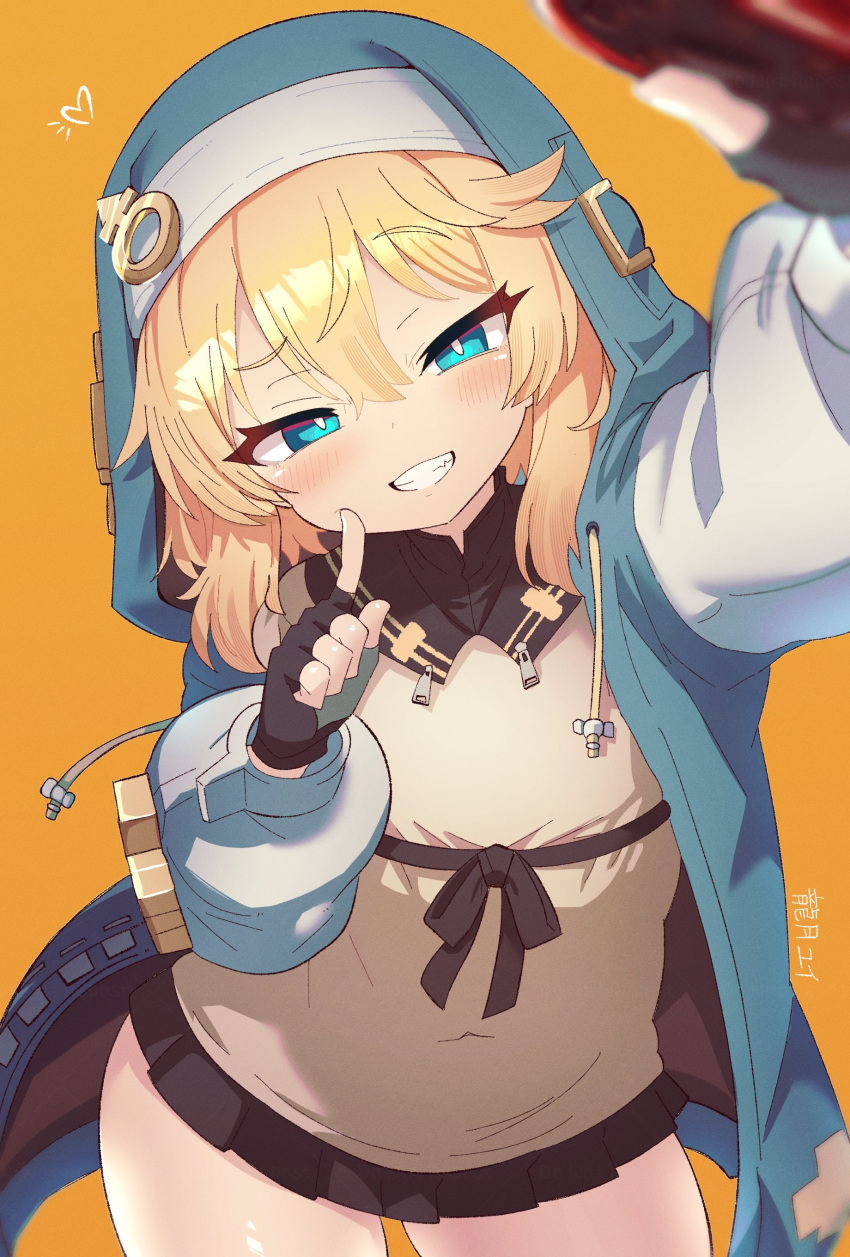 1girl, absurdres, arm_up, artist_name, black_gloves, black_skirt, blon, blonde_hair