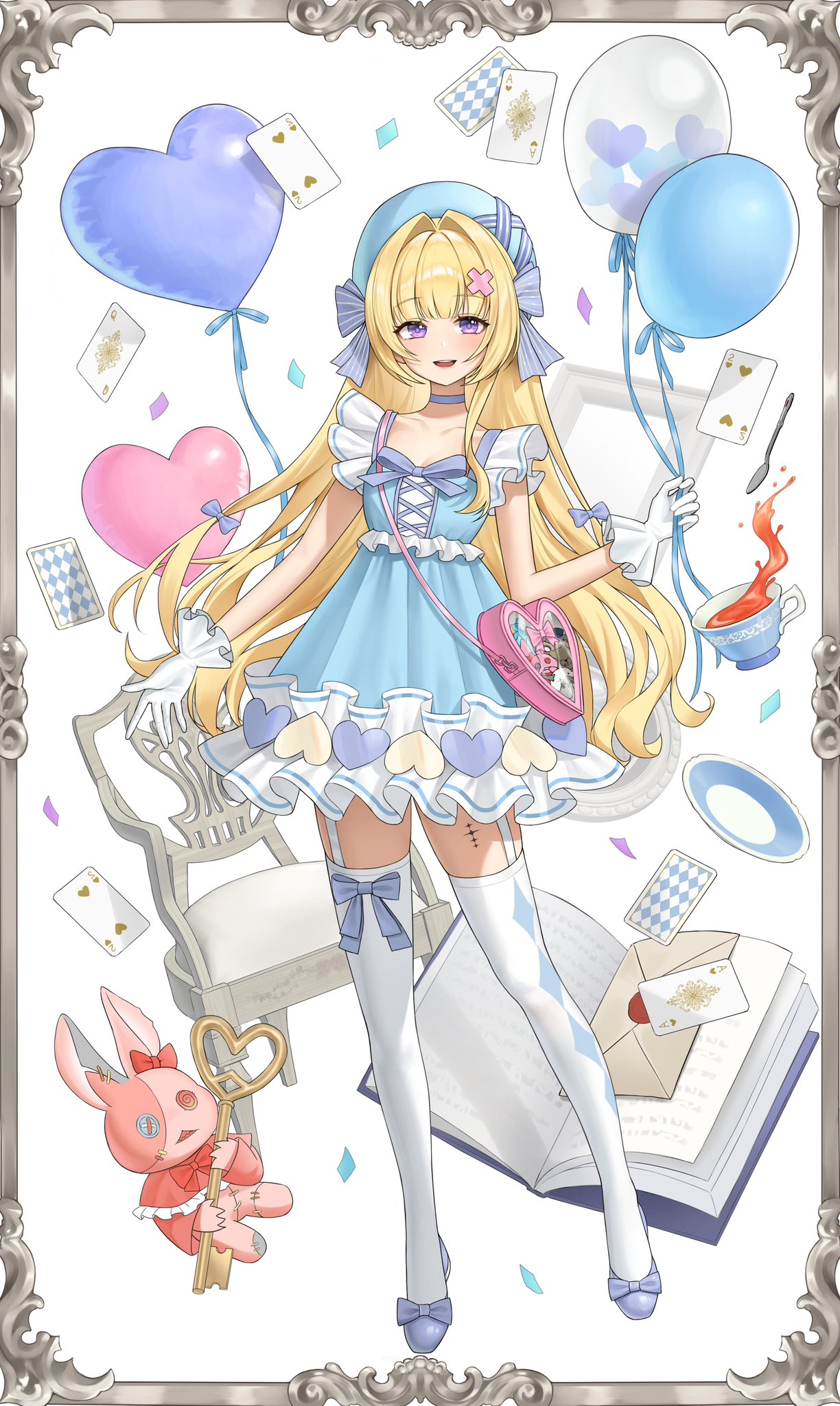 1girl, alternate_costume, balloon, blonde_hair, blue_bow, blue_choker, blue_dress, blue_hat