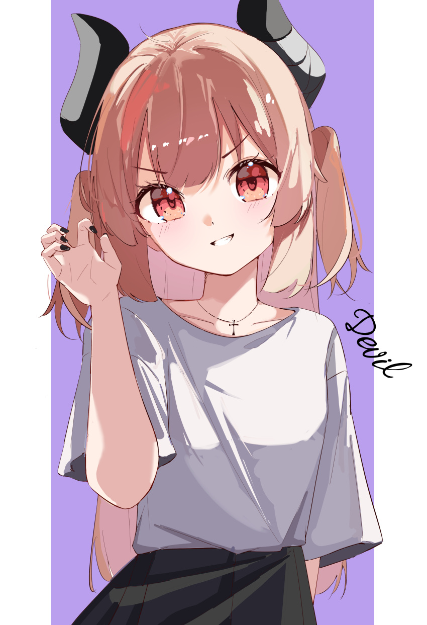 1girl, absurdres, aoi_(swoi_ekk), black_nails, black_skirt, blush, brown_hair, claw_pose, collarbone, cross, cross_necklace, demon_horns, grin, hand_up, highres, horns, jewelry, long_hair, looking_at_viewer, nail_polish, natori_sana, natori_sana_(devil_natori), necklace, pillarboxed, pleated_skirt, purple_background, red_eyes, sana_channel, shirt, shirt_tucked_in, short_sleeves, signature, simple_background, skirt, smile, solo, two-tone_background, two_side_up, v-shaped_eyebrows, white_shirt