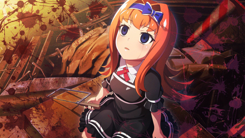 1girl, black_dress, blood, blue_bow, blue_eyes, blue_hairband, bow, bow_hairband, coping_saw, crying, dress, empty_eyes, evening, frilled_dress, frills, from_above, game_cg, hair_bow, hair_intakes, hairband, highres, higurashi_no_naku_koro_ni, higurashi_no_naku_koro_ni_mei, holding_saw, houtani_nao, junk, long_hair, looking_up, non-web_source, official_art, orange_hair, outdoors, short_sleeves, sitting, solo, three_quarter_view, traffic_cone