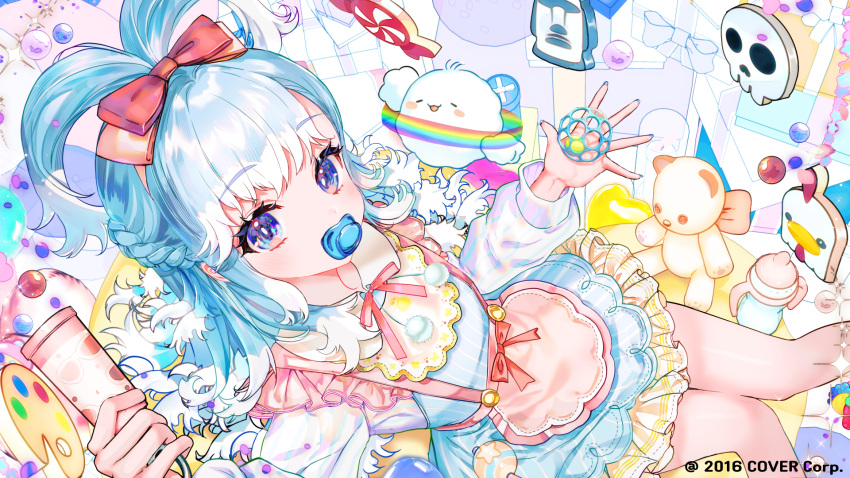 1girl, alternate_costume, apron, bilingual_commentary, blue_dress, blue_eyes, blue_hair, blue_nails, bow, collared_dress, colored_tips, commentary, deadbeat_(mori_calliope), dress, english_commentary, frilled_dress, frills, hair_bow, half_up_braid, high_ponytail, highres, holding, hololive, hololive_indonesia, kfp_employee_(takanashi_kiara), knees_together_feet_apart, kobo_kanaeru, layered_dress, long_hair, long_sleeves, looking_at_viewer, mixed-language_commentary, moai_(koseki_bijou), multicolored_hair, nail_polish, neck_ribbon, official_art, pacifier, pink_apron, pinstripe_dress, pinstripe_pattern, pom_pom_(clothes), ponytail, red_bow, ribbon, short_dress, solo, sowon, split_ponytail, two-tone_hair, virtual_youtuber, wavy_hair, white_hair