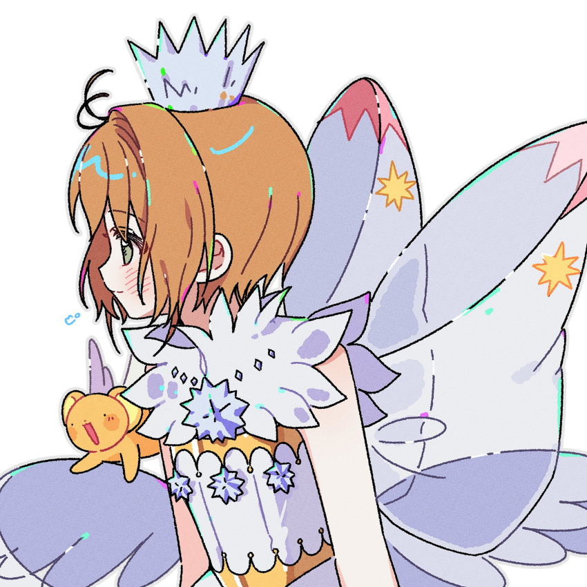 1girl, bare_arms, blush, brown_hair, cardcaptor_sakura, closed_mouth, commentary, crown