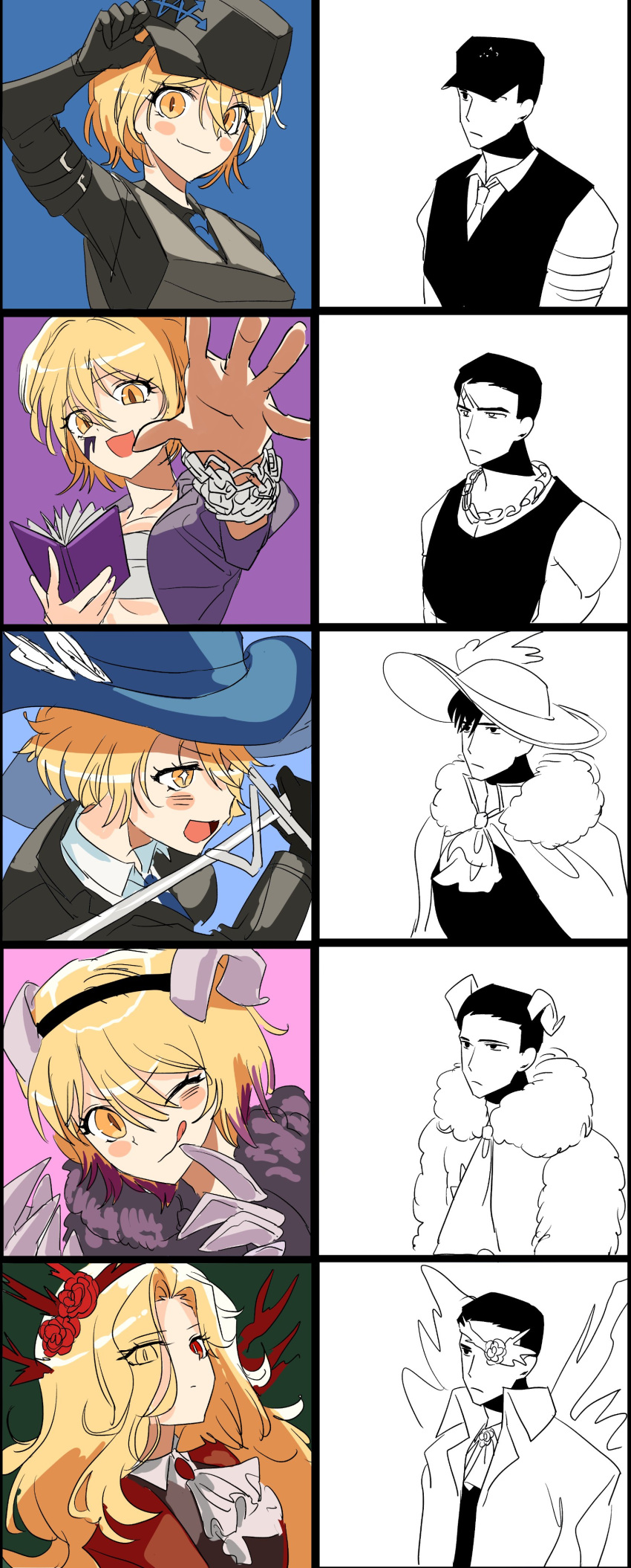 1boy, 1girl, absurdres, blonde_hair, book, chain, chain_necklace, chest_sarashi, cinq_association_(identity)_(project_moon), claws, don_quixote_(project_moon), e.g.o_(project_moon), electric_screaming_(e.g.o), expressionless, hat, highres, holding, holding_book, holding_sword, holding_weapon, horns, jewelry, limbus_company, long_hair, looking_at_viewer, meurdon, meursault_(project_moon), middle_(identity)_(project_moon), multiple_views, necklace, one_eye_closed, partially_colored, plume, project_moon, rapier, recurring_image, red_eyes, sarashi, sheep_horns, smile, sword, tongue, tongue_out, w_corp._(identity)_(project_moon), weapon, yearning-mircalla_(e.g.o), yellow_eyes