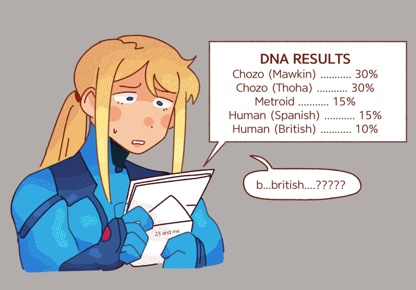 blonde_hair, blue_eyes, english_text, grey_background, highres, hoshizora_lone, letter, long_hair, metroid, percentage, ponytail, samus_aran, speech_bubble, upper_body, zero_suit
