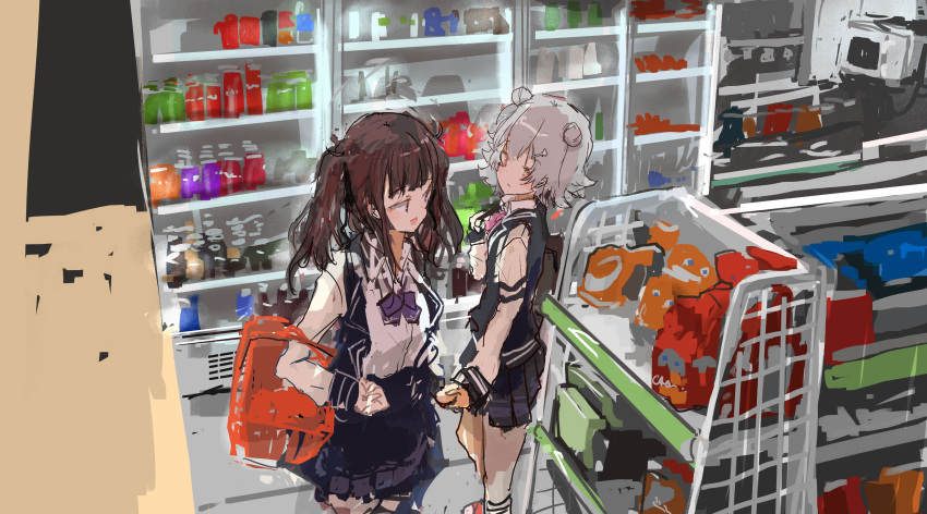 2girls, absurdres, bag, basket, black_jacket, black_skirt, bow, bowtie
