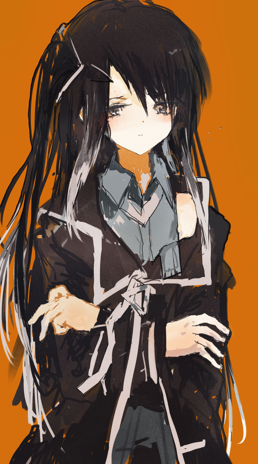 1girl, absurdres, black_coat, black_eyes, black_hair, closed_mouth, coat, coefont