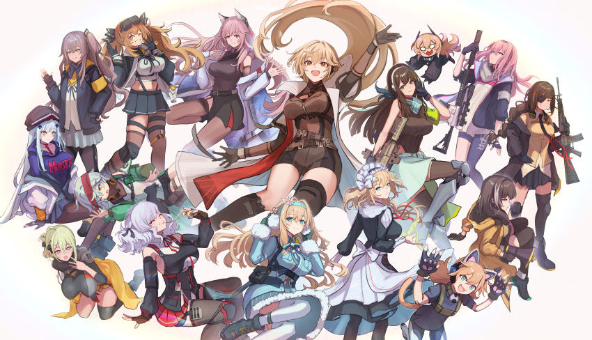 6+girls, absurdres, animal_ear_fluff, animal_ears, animal_hands, aqua_eyes, ar-15, arm_support
