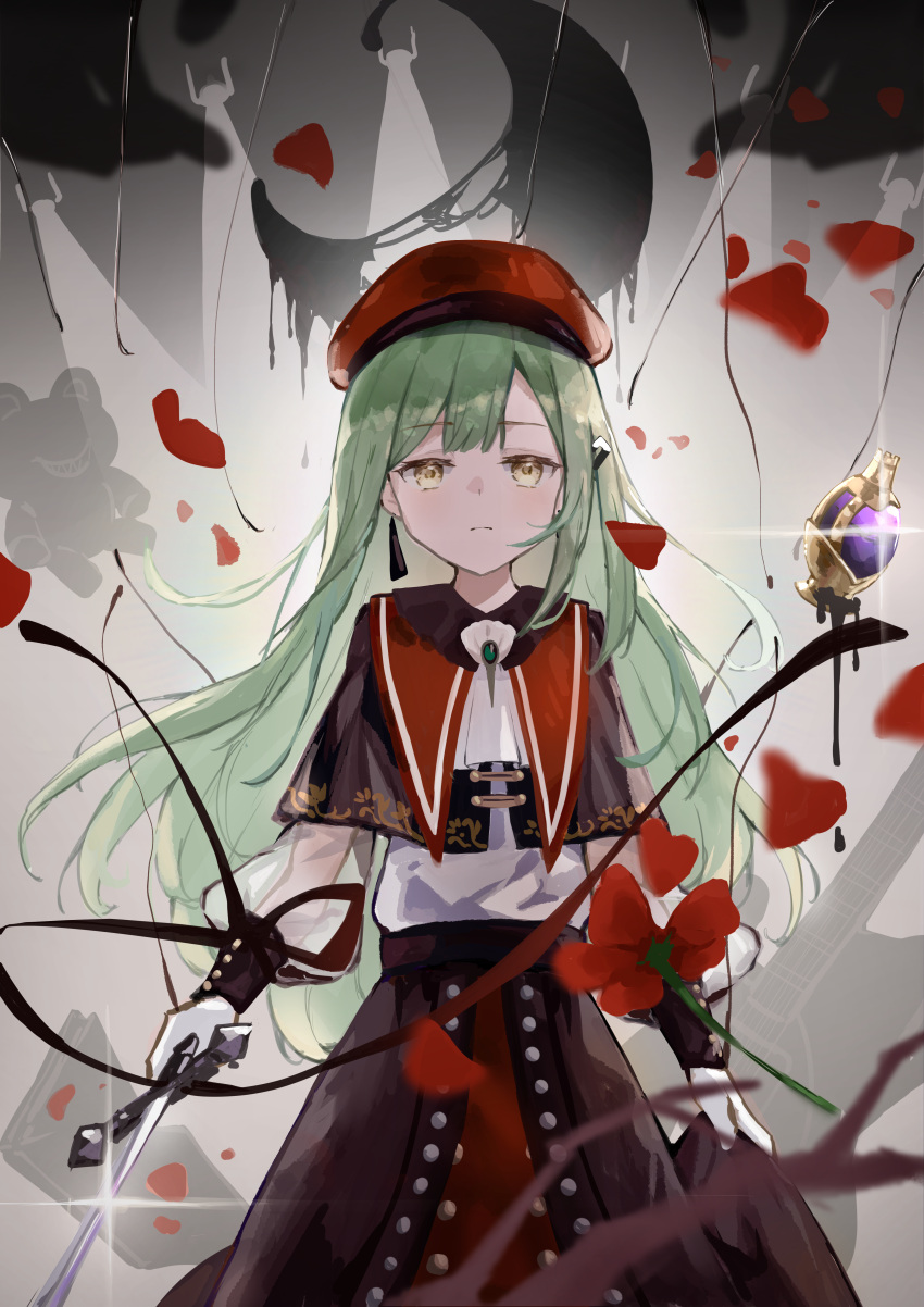 1girl, absurdres, bang_dream!, bang_dream!_it's_mygo!!!!!, beret, closed_mouth, green_hair, hair_ornament