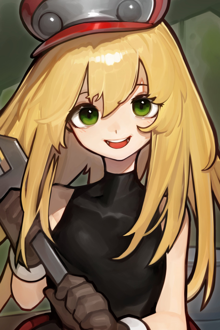 1girl, absurdres, black_shirt, blonde_hair, brown_gloves, commentary, gloves, green_eyes