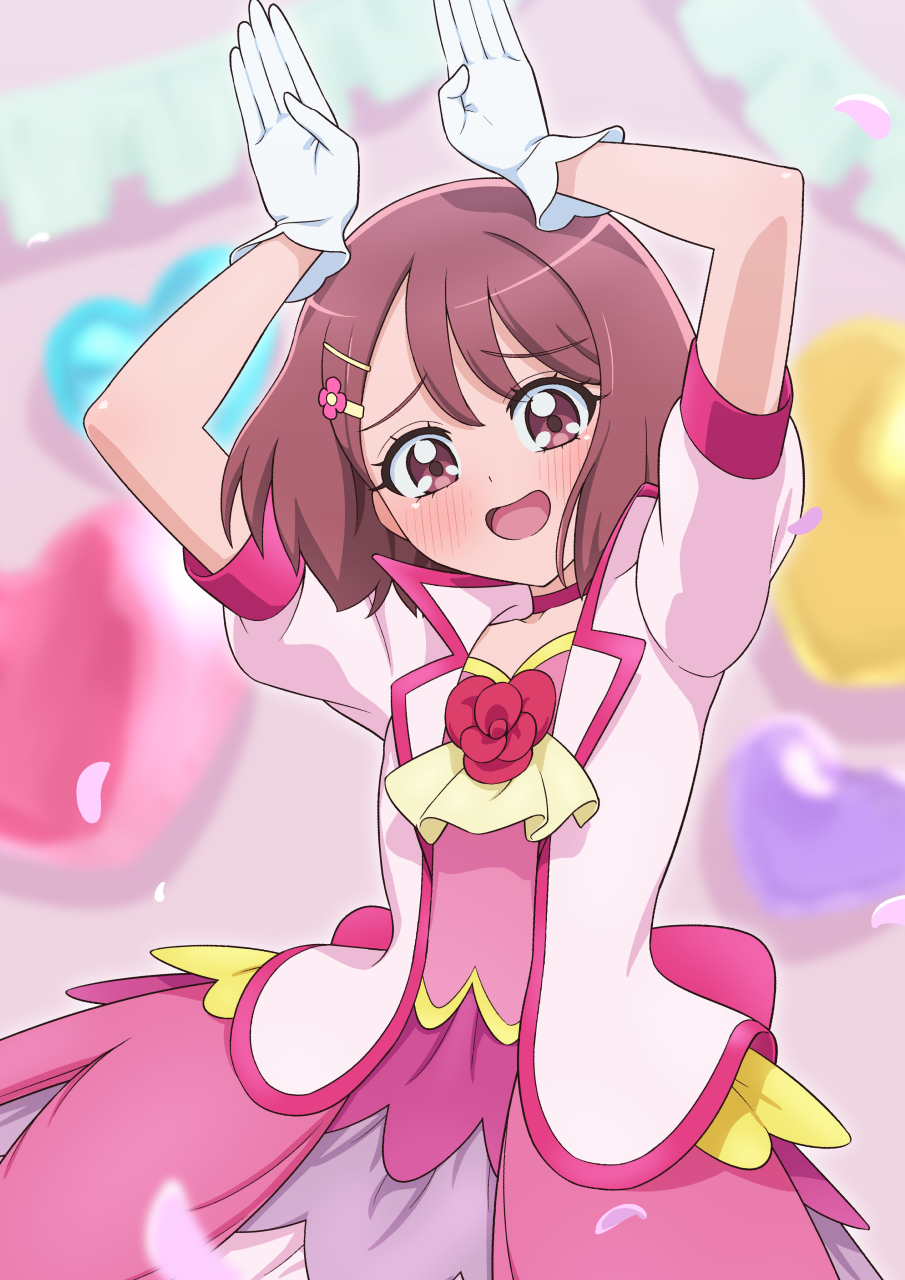 1girl, :d, arms_up, ascot, balloon, blurry, blurry_background, blush