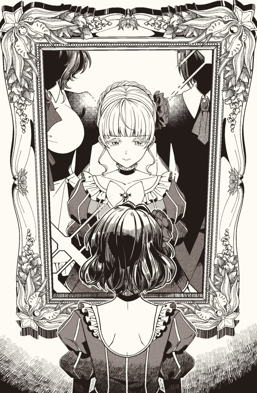 1boy, 3girls, beatrice_(umineko), blunt_bangs, bow, bowtie, breasts, collarbone