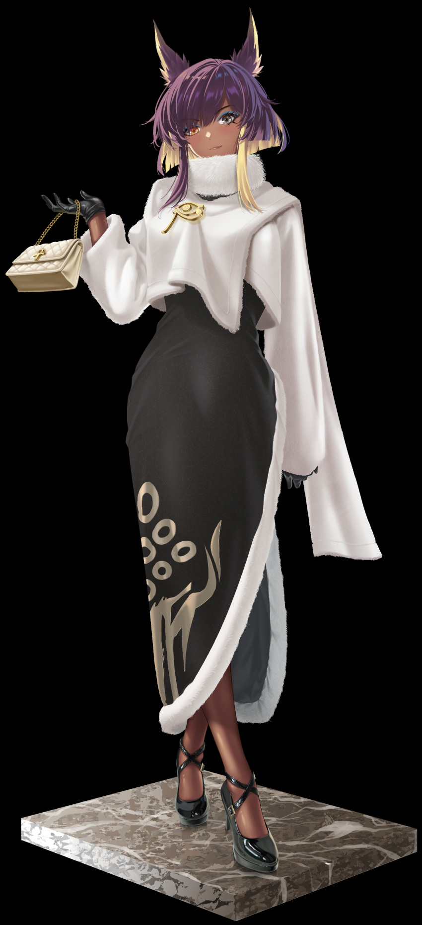 1girl, absurdres, animal_ears, bag, black_background, black_gloves, black_shoes, black_skirt