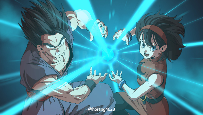 1boy, 1girl, absurdres, bare_shoulders, black_hair, commission, cowboy_shot, dougi