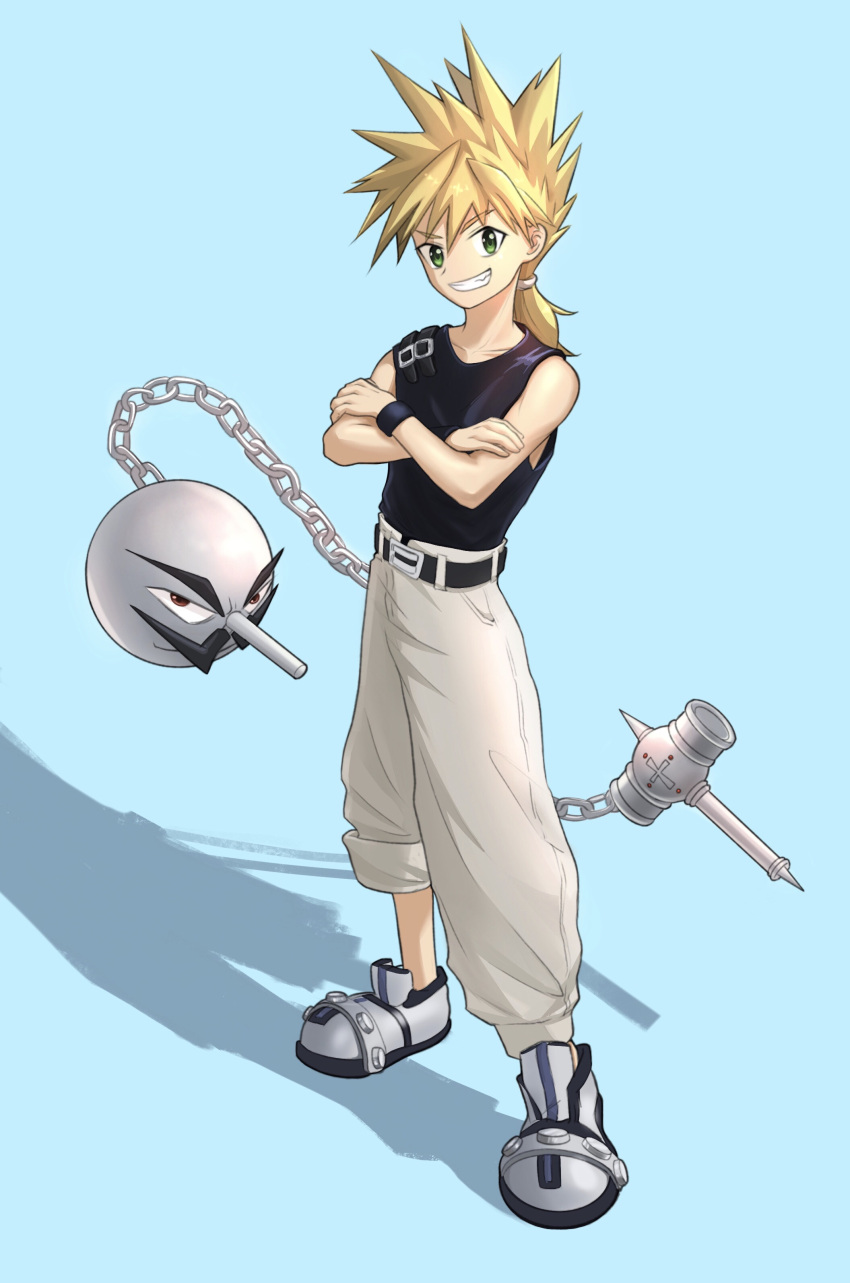 1boy, absurdres, ball_and_chain_(weapon), belt, black_shirt, blonde_hair, blue_background, crossed_arms