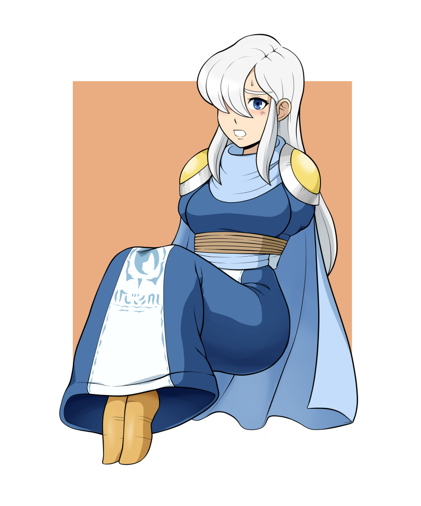 1girl, absurdres, anri_(shining_force), blue_cape, blue_eyes, blue_robe, blush, bound, brockendynamite, cape, english_commentary, full_body, hair_over_one_eye, highres, long_hair, looking_at_viewer, orange_background, robe, shining_(series), shining_force_i, shoes, sidelocks, simple_background, solo, tied_up_(nonsexual), two-tone_background, white_background, white_hair, yellow_shoes