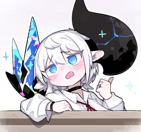 1girl, animal_ears, asymmetrical_horns, black_horns, blue_eyes, broken_horn, choker, cow_ears