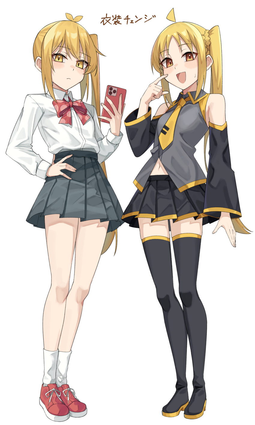 2girls, absurdres, ahoge, akita_neru, akita_neru_(cosplay), ankle_socks, antenna_hair, arm_at_side, bare_shoulders, black_boots, black_skirt, black_sleeves, black_thighhighs, blonde_hair, blush, bocchi_the_rock!, boots, bow, bowtie, cellphone, clothing_cutout, commentary_request, cosplay, detached_sleeves, expressionless, full_body, gukr4322, hand_on_own_hip, hands_up, highres, holding, holding_phone, ijichi_nijika, ijichi_nijika_(cosplay), index_finger_raised, long_hair, long_sleeves, miniskirt, multiple_girls, navel, navel_cutout, necktie, open_mouth, phone, pleated_skirt, print_bow, print_bowtie, red_bow, red_bowtie, red_shoes, shirt, shoes, side_ponytail, simple_background, skirt, smartphone, socks, sweatdrop, thigh-highs, thigh_boots, translation_request, vocaloid, white_background, white_shirt, yellow_eyes, yellow_necktie