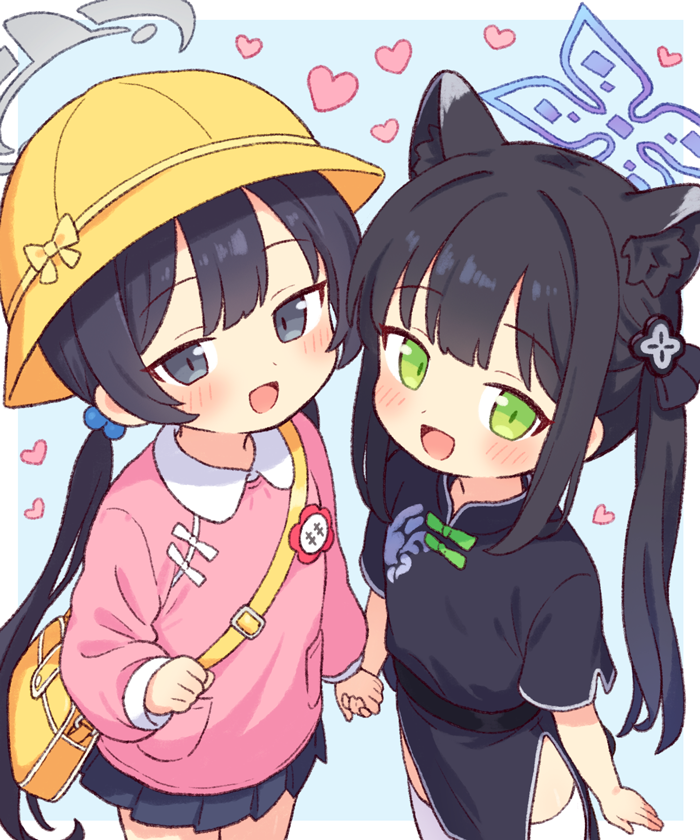 2girls, aged_down, animal_ears, bag, black_dress, black_hair, blue_archive, blush