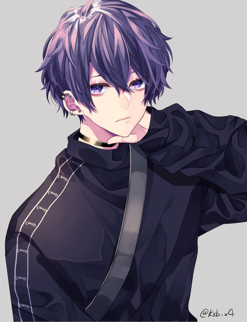 1boy, absurdres, black_choker, black_sweater, choker, closed_mouth, earrings, hand_on_own_neck