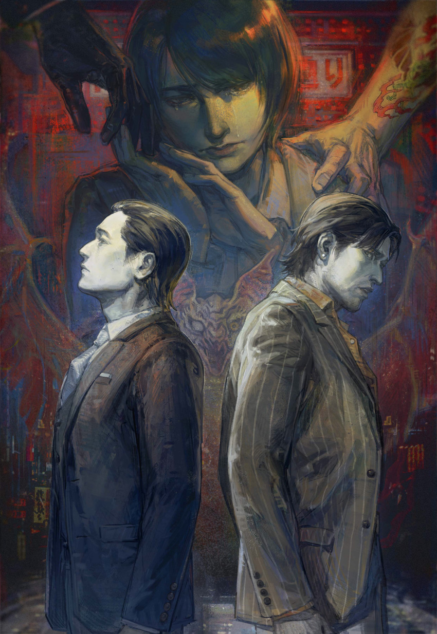 1girl, 2boys, absurdres, arm_tattoo, back-to-back, black_gloves, black_hair, black_jacket, commentary_request, creamyghost, earrings, fingernails, gloves, hair_slicked_back, highres, jacket, jewelry, kiryu_kazuma, long_sleeves, makimura_makoto, multiple_boys, nishikiyama_akira, parted_lips, ryuu_ga_gotoku_(series), ryuu_ga_gotoku_1, short_hair, striped_clothes, striped_jacket, tattoo