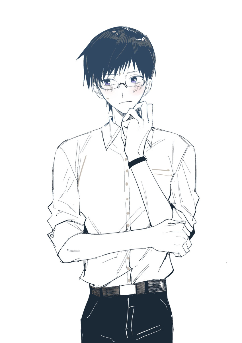 1boy, arm_up, belt, belt_buckle, bespectacled, blue_eyes, blush, buckle