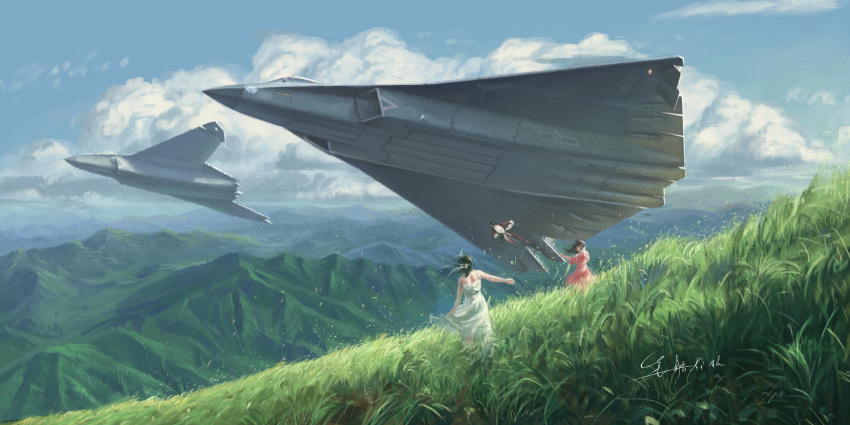 2girls, aircraft, airplane, black_hair, blue_sky, chengdu_j-36, clouds, dress