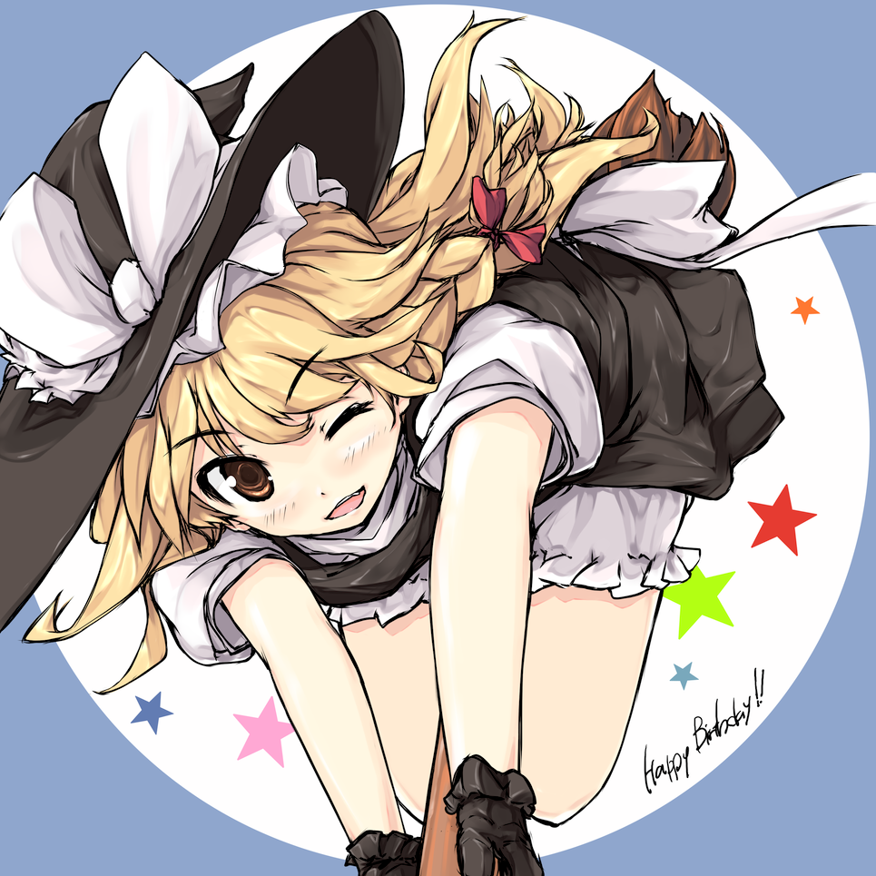 asterisk_(artist), blonde_hair, broom, broom_riding, gloves, hat, kirisame_marisa, long_hair