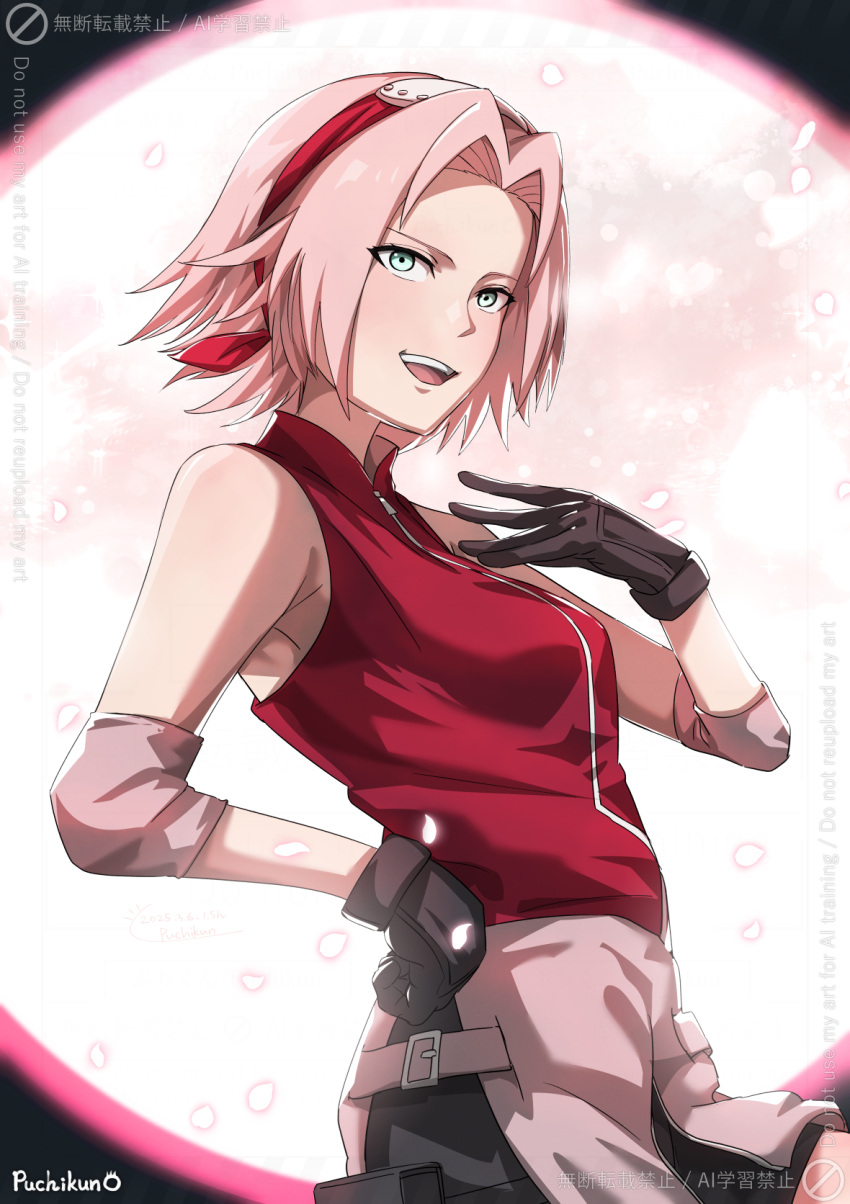 1girl, black_gloves, black_shorts, breasts, forehead, gloves, green_eyes, hair_intakes, hairband, hand_up, haruno_sakura, highres, looking_at_viewer, moon, naruto, naruto_(series), naruto_shippuuden, pink_hair, puchikun, red_hairband, red_shirt, sash, shirt, short_hair, short_shorts, shorts, sleeveless, sleeveless_shirt, small_breasts, solo