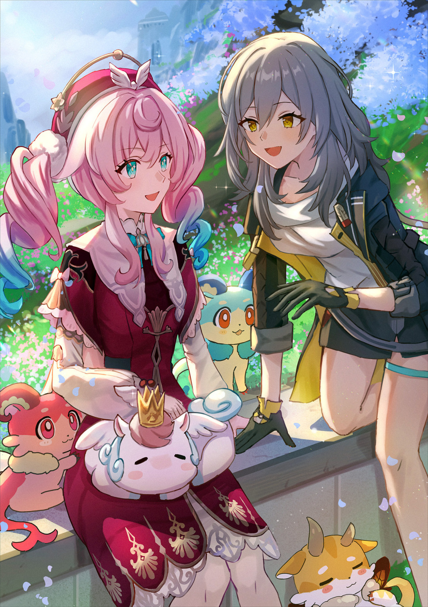 2girls, animal_on_lap, aqua_eyes, aqua_hair, beret, black_gloves, black_jacket, black_skirt