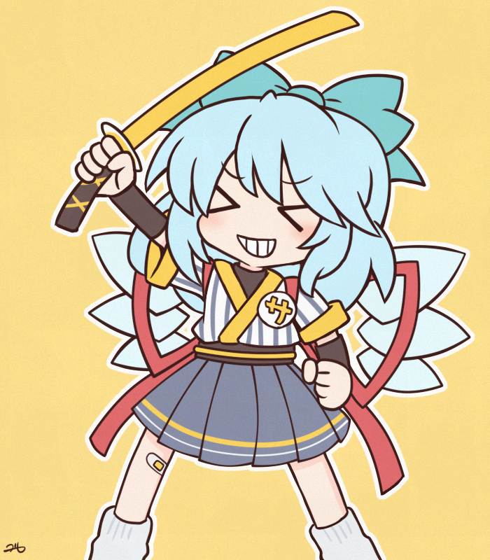 >_<, 1girl, 216, :d, badge, bandaid, blue_bow, blue_hair, bow, cirno, conveyor_belt, cosplay, detached_wings, drum, fairy, fairy_wings, hair_bow, ice, ice_wings, instrument, japanese_clothes, katana, kimono, mcdonald's, pleated_skirt, red_bow, samurai, samurai_tamago_tabemi, samurai_tamago_tabemi_(cosplay), skirt, smile, socks, striped_clothes, striped_kimono, sword, touhou, tsuzumi, vertical-striped_clothes, vertical-striped_kimono, weapon, white_socks, wings, xd, yellow_background