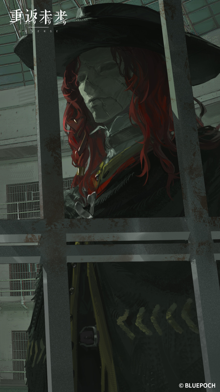 1boy, absurdres, aleph_(reverse:1999), bars, black_cape, black_hat, cape, copyright_name, copyright_notice, covered_face, cracked_mask, hat, highres, indoors, iron_bars, logo, long_hair, looking_inside, male_focus, official_art, official_wallpaper, panopticon, prison, prison_cell, red_hair, reverse:1999, solo, upper_body, white_mask