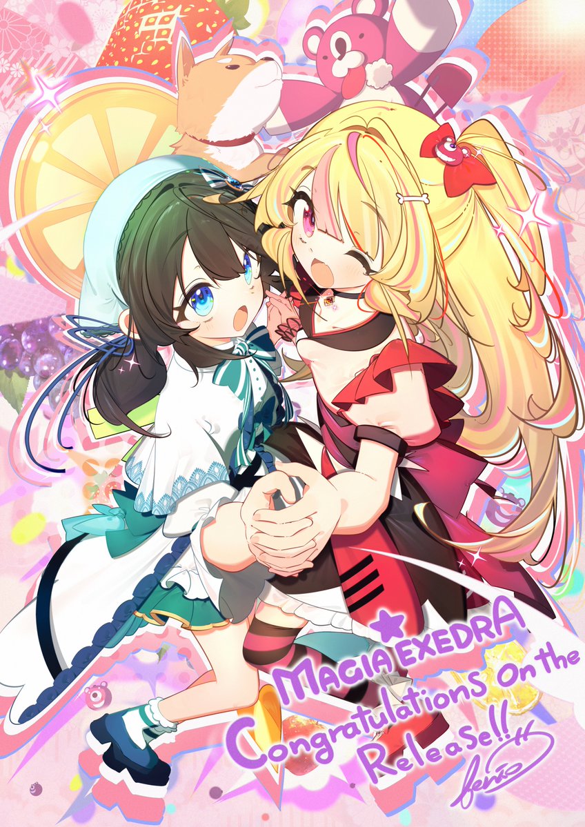 :o, ashley_taylor, bear_hair_ornament, benio_(dontsugel), black_choker, black_hair, blonde_hair, blue_eyes, blue_ribbon, blunt_bangs, bone_hair_ornament, bow, cartoon_bone, chiaki_riko, choker, commentary_request, congratulations, copyright_name, hair_bow, hair_ornament, holding_hands, interlocked_fingers, long_hair, looking_at_viewer, low_twintails, magia_record:_mahou_shoujo_madoka_magica_gaiden, magical_girl, mahou_shoujo_madoka_magica, mahou_shoujo_madoka_magica_magia_exedra, mameji_(madoka_magica), multicolored_hair, official_art, one_eye_closed, one_side_up, open_mouth, pink_eyes, pink_hair, red_bow, release_celebration, ribbon, second-party_source, signature, smile, standing, star_(symbol), streaked_hair, stuffed_animal, stuffed_toy, teddy_bear, twintails, very_long_hair