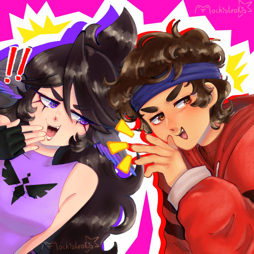 !, !!, 1boy, 1girl, black_gloves, blue_headband, brown_hair, commentary_request, dark-skinned_male, dark_skin, eyelashes, gloves, head_wings, headband, highres, hood, hoodie, indie_virtual_youtuber, jaiden_animations, jitome, long_hair, long_sleeves, minecraft_youtube, mochistrokis, open_mouth, pink_background, purple_shirt, quackity_smp, red_hoodie, roier_(youtuber), shirt, short_hair, sleeveless, sleeveless_shirt, smile, smug, spanish_commentary, tan, topknot, violet_eyes, virtual_youtuber, wings