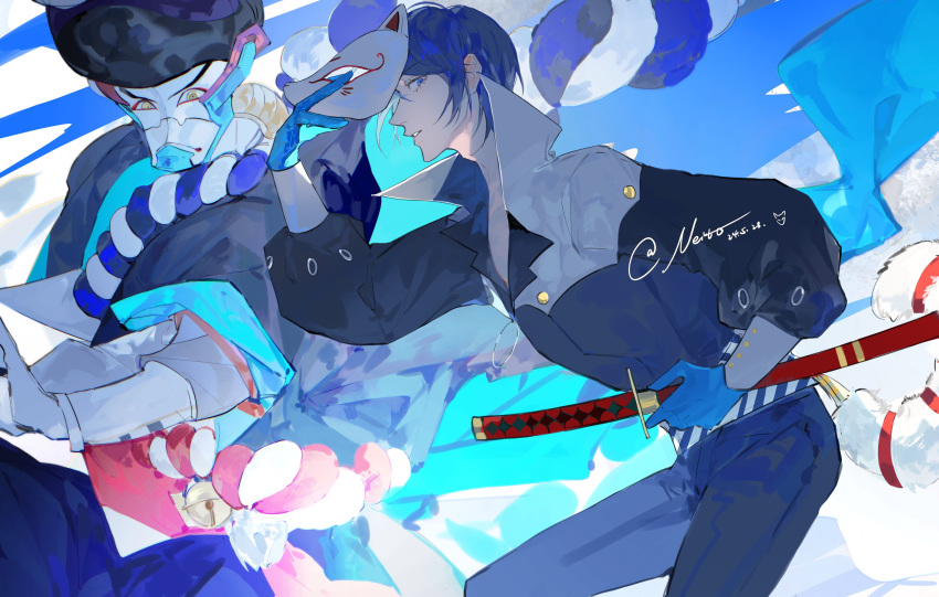 1boy, absurdres, arm_up, blue_eyes, blue_gloves, blue_hair, blue_pants, commentary